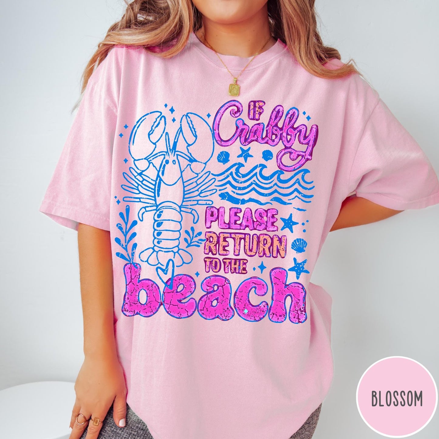 Comfort Colors tee in Blossom featuring beach style graphic with lobster and If Crabby text
