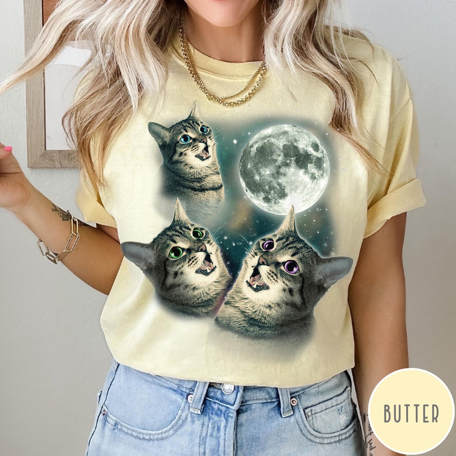 Comfort Colors tee in Butter featuring retro design with three cats looking up at the moon