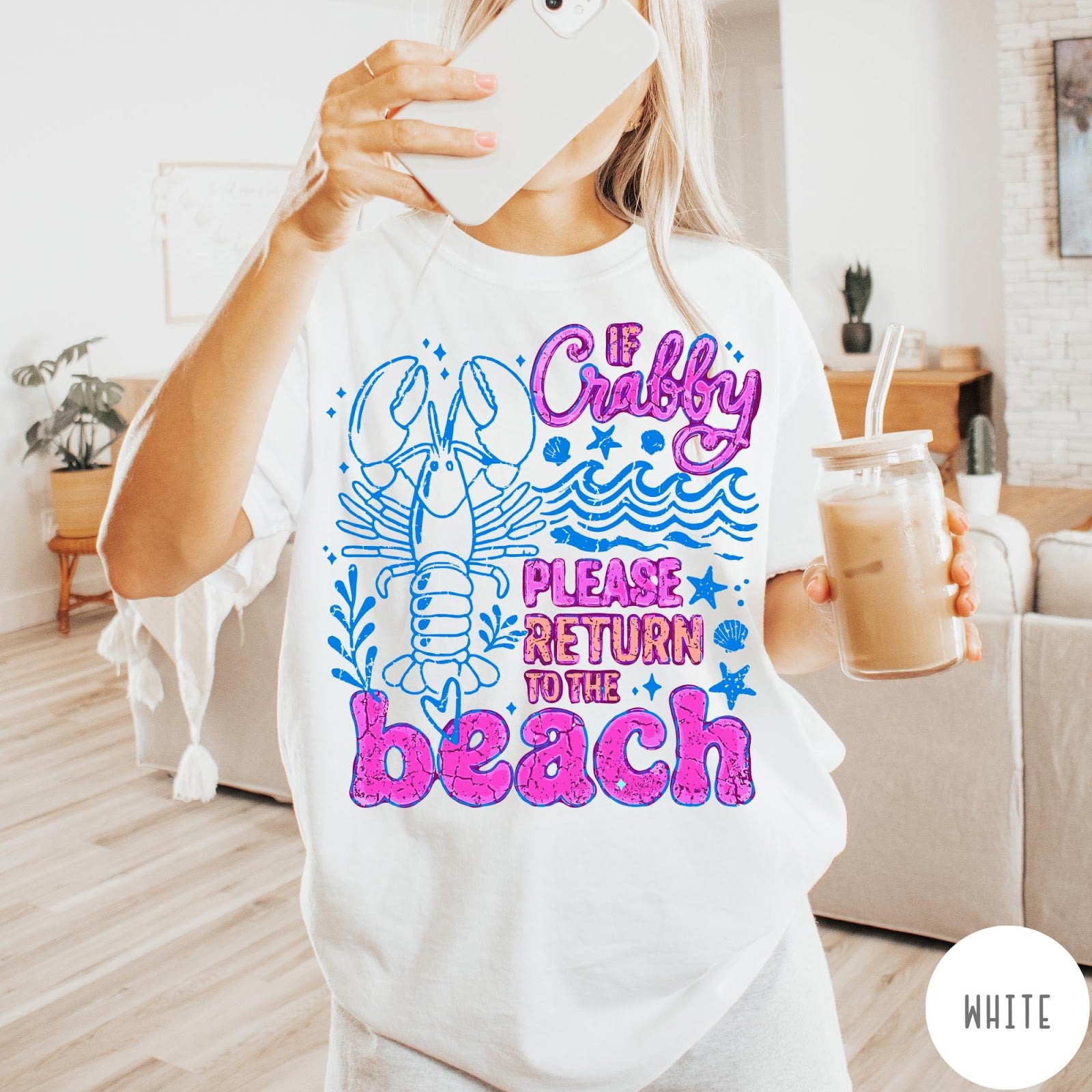Comfort Colors tee in White featuring beach style graphic with lobster and If Crabby text