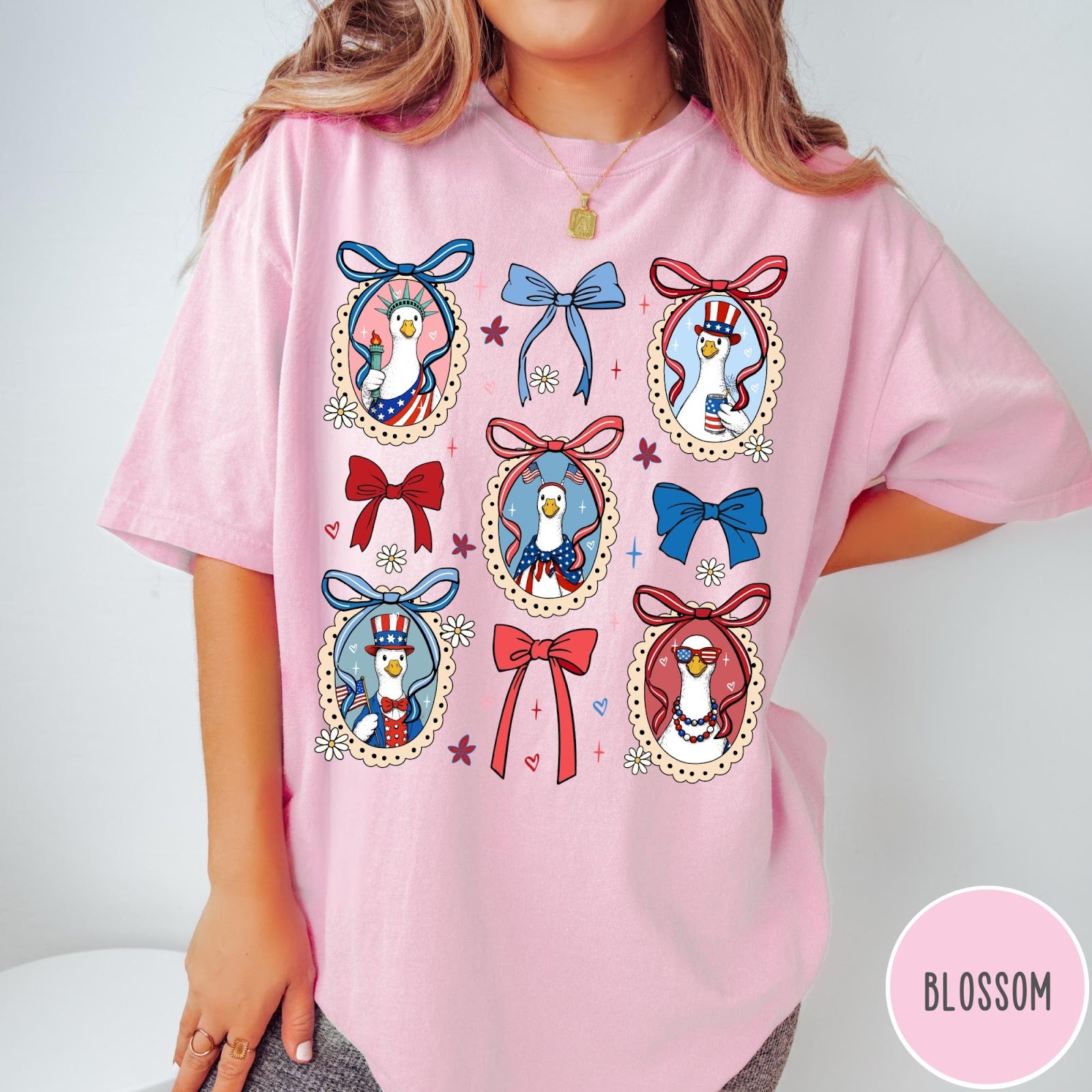Comfort Colors tee in Blossom featuring coquette design with patriotic geese in frames and bows