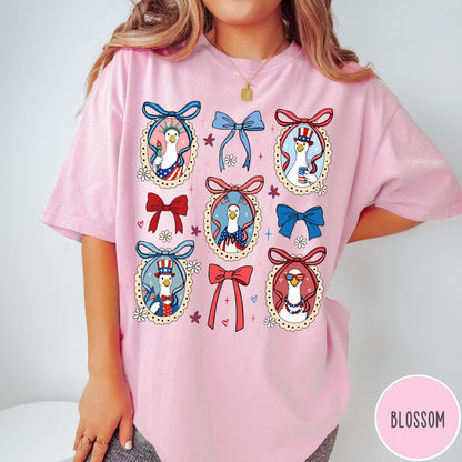 Comfort Colors tee in Blossom featuring coquette design with patriotic geese in frames and bows