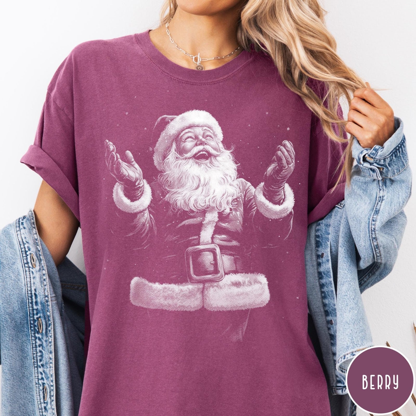 Comfort Colors tee in Berry featuring vintage style graphic of a laughing Santa Claus with open arms