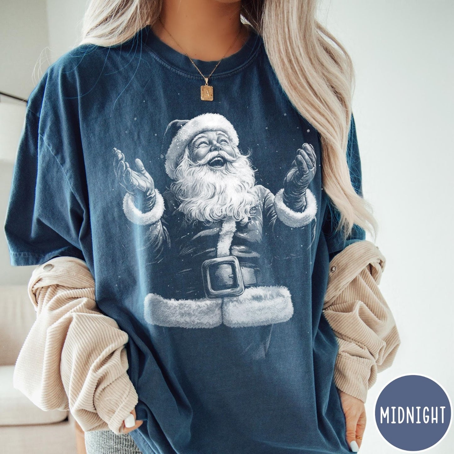 Comfort Colors tee in Midnight featuring vintage style graphic of a joyful Santa Claus with open arms