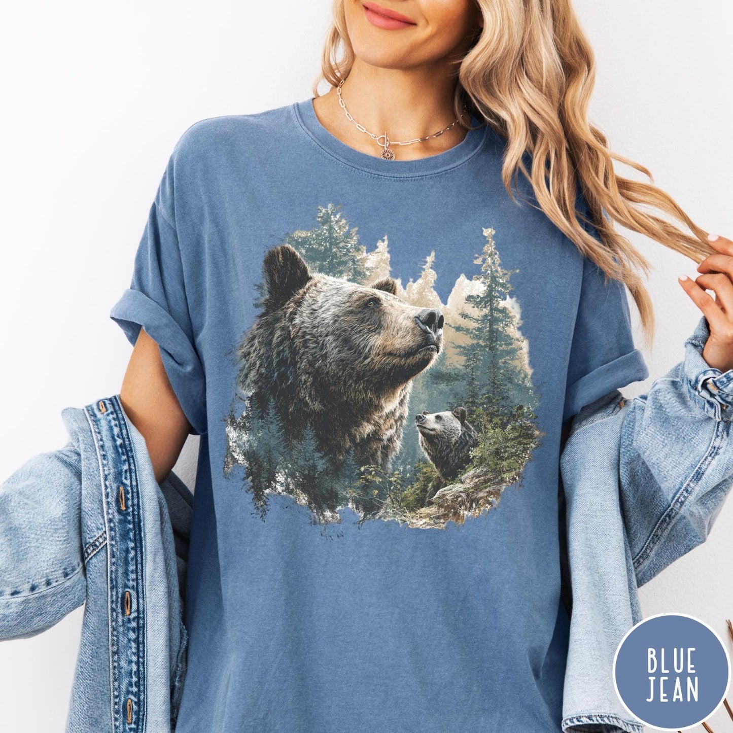 Comfort Colors tee in Blue Jean featuring vintage nature style graphic of two bears in a forest