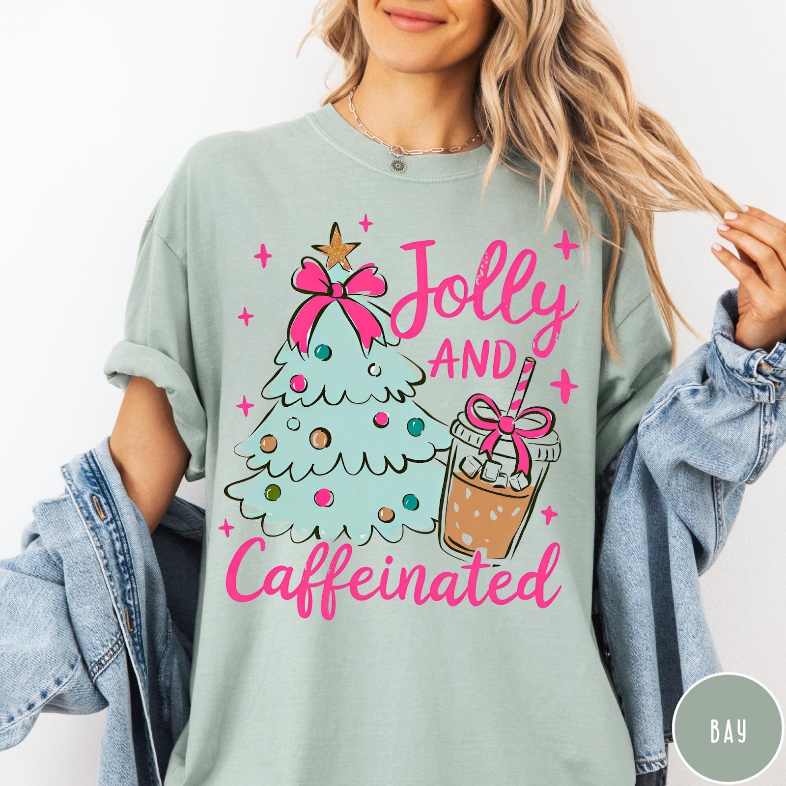 Comfort Colors tee in Bay featuring festive holiday style with a Christmas tree and iced coffee graphic