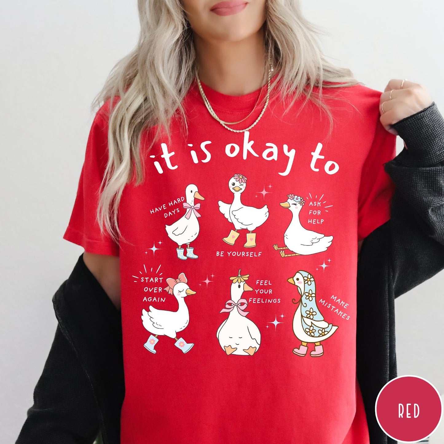 Comfort Colors tee in Red featuring cute cartoon geese with encouraging text about mental health and self-care