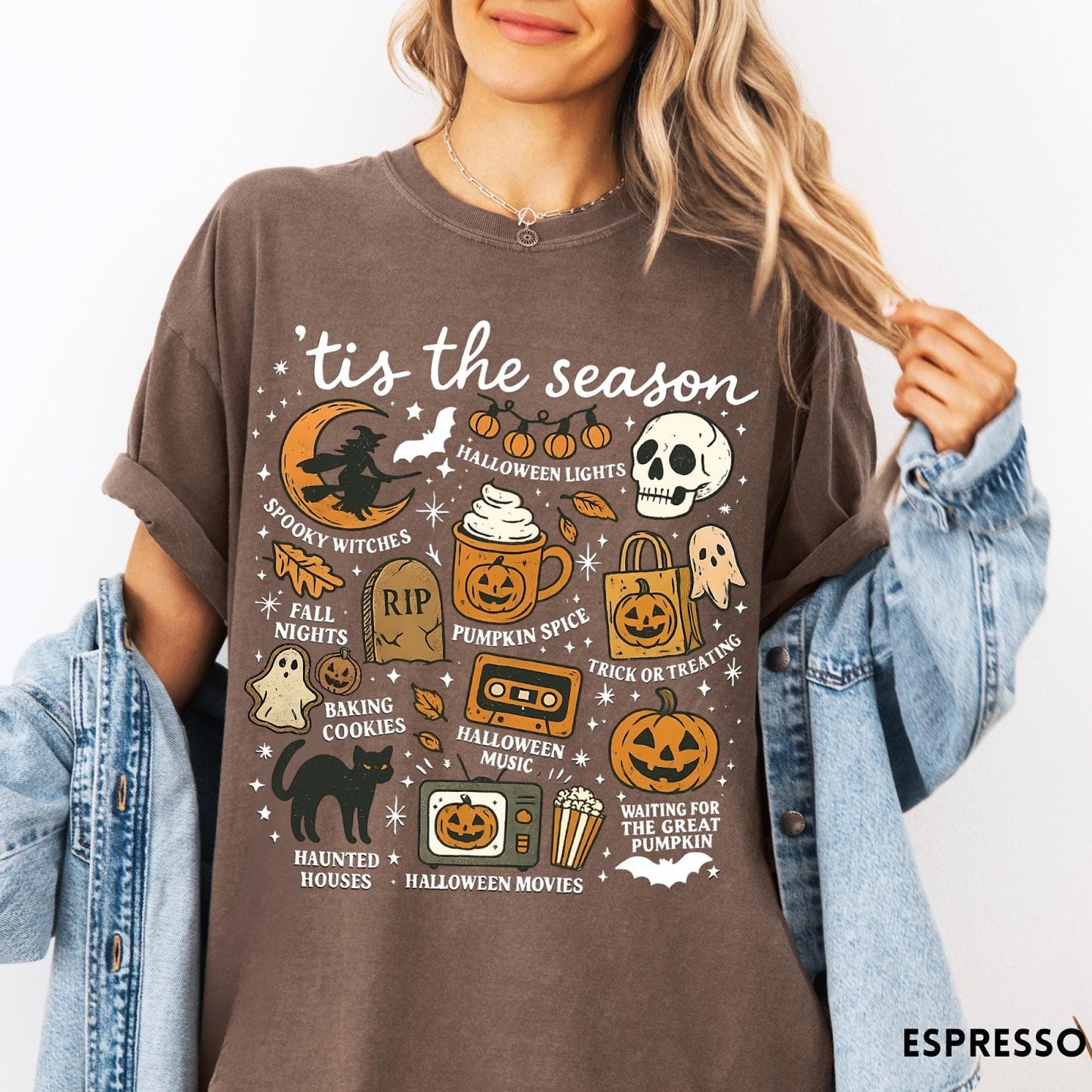 Comfort Colors tee in Espresso featuring Halloween icons collage with witch, skull, pumpkin, and spooky fall graphics