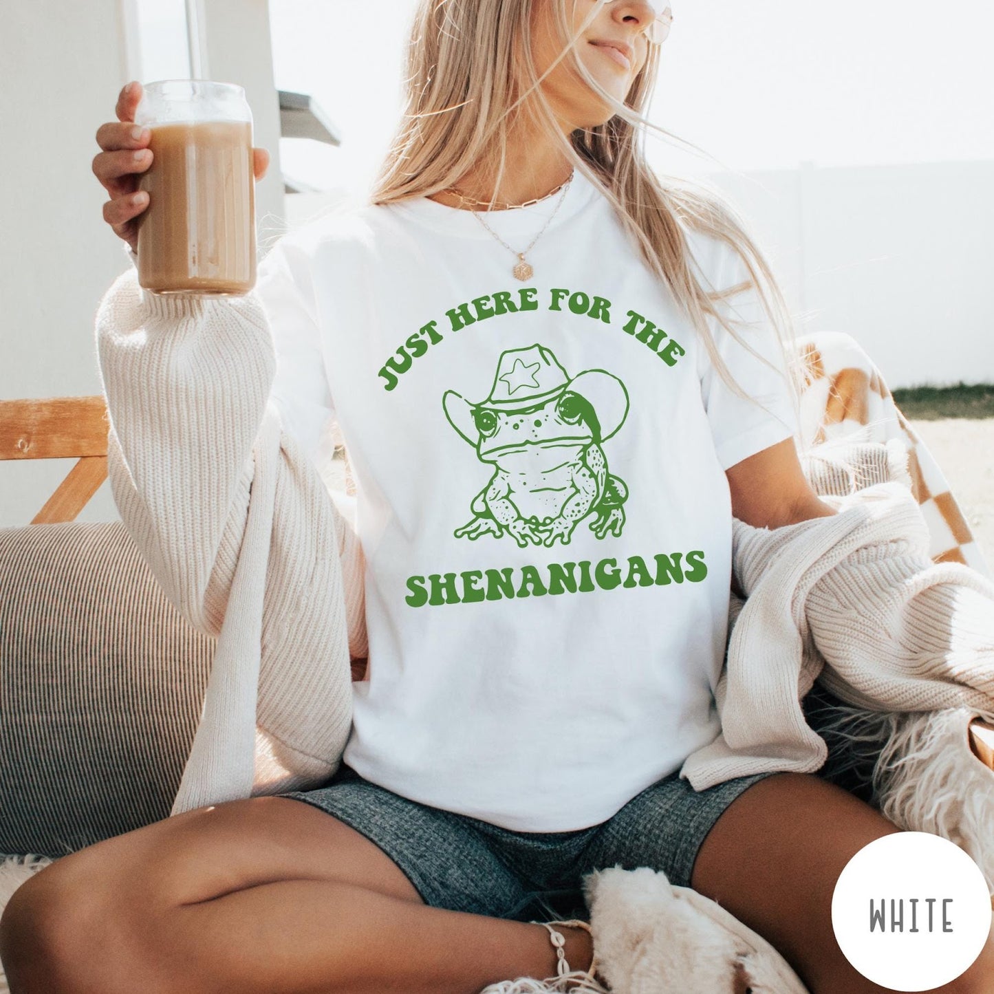 Comfort Colors tee in White featuring western style graphic of a frog wearing a cowboy hat