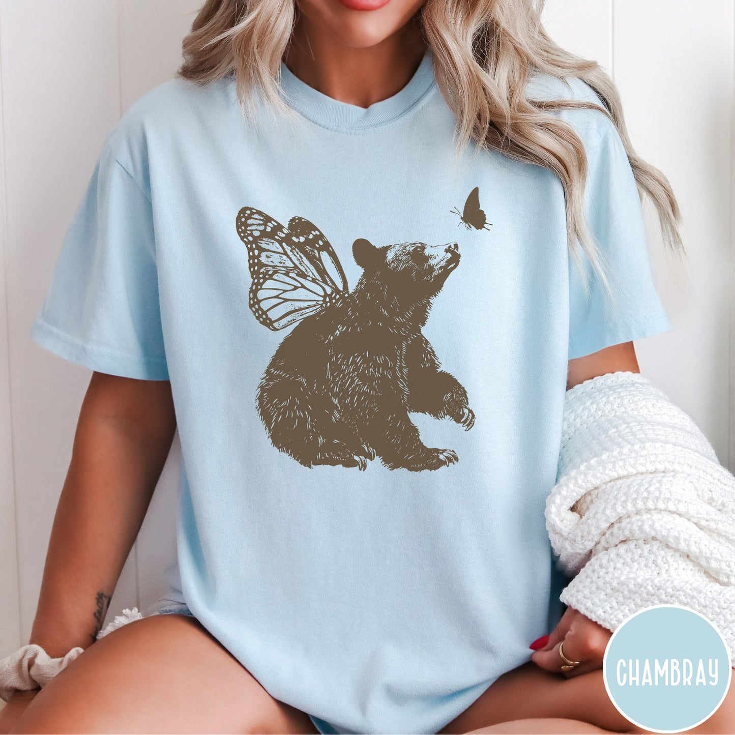 Comfort Colors tee in Chambray featuring vintage style graphic of a bear with butterfly wings and butterfly