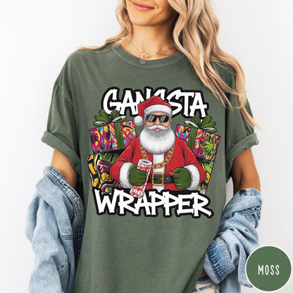 Comfort Colors tee in Moss featuring graphic Santa Claus wearing sunglasses and gold chain, Gangsta Wrapper text