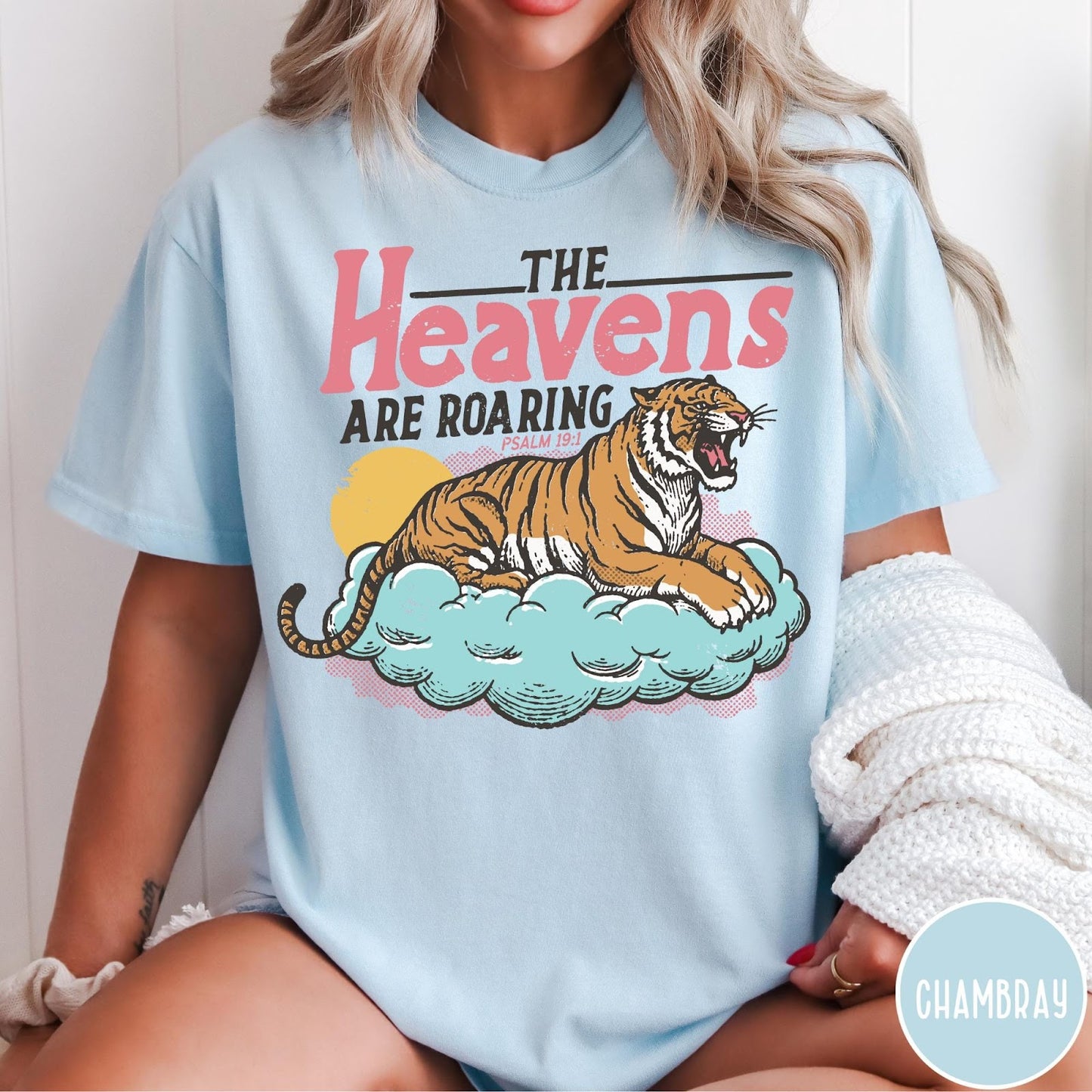 Comfort Colors tee in Chambray featuring vintage style graphic of a roaring tiger on a cloud