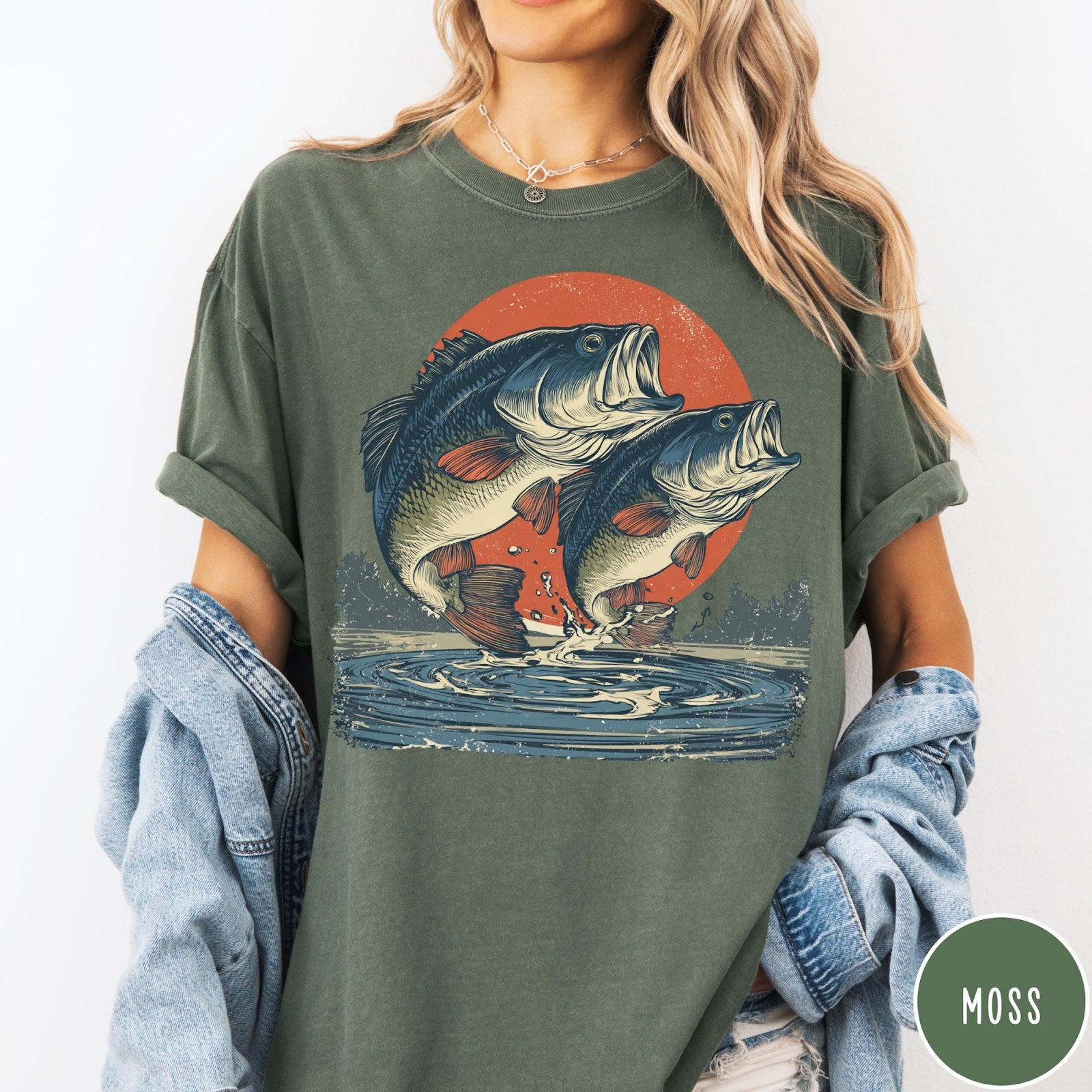 Comfort Colors tee in Moss featuring vintage style graphic of two bass fish jumping out of water