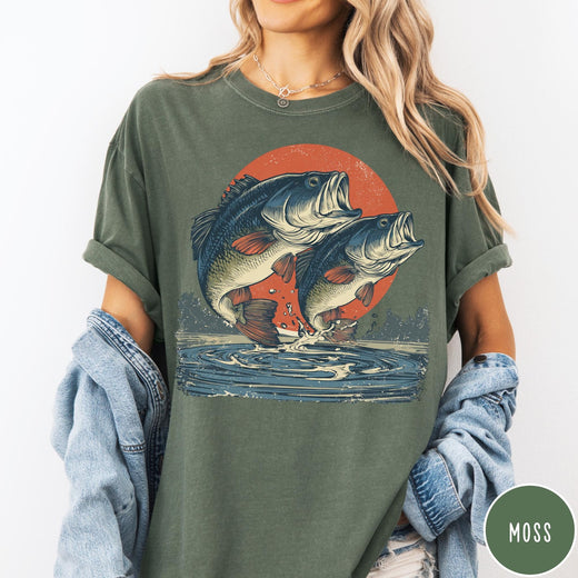 Comfort Colors tee in Moss featuring vintage style graphic of two bass fish jumping out of water