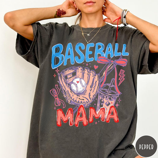 Comfort Colors tee in Pepper featuring baseball design with glove, ball, iced coffee, and red bow graphic