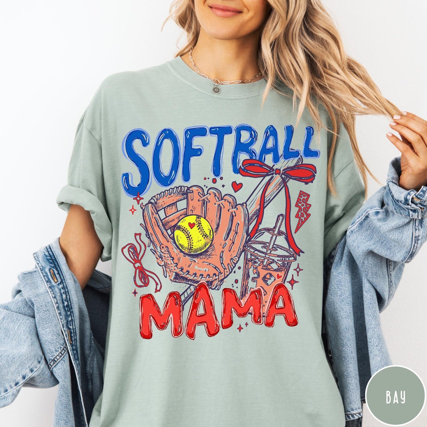 Comfort Colors tee in Bay featuring softball mom graphic with glove, ball, and iced coffee design