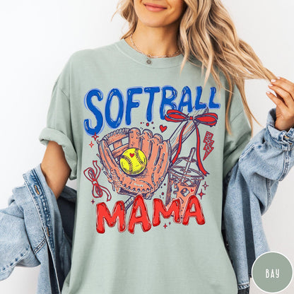 Comfort Colors tee in Bay featuring softball mom graphic with glove, ball, and iced coffee design