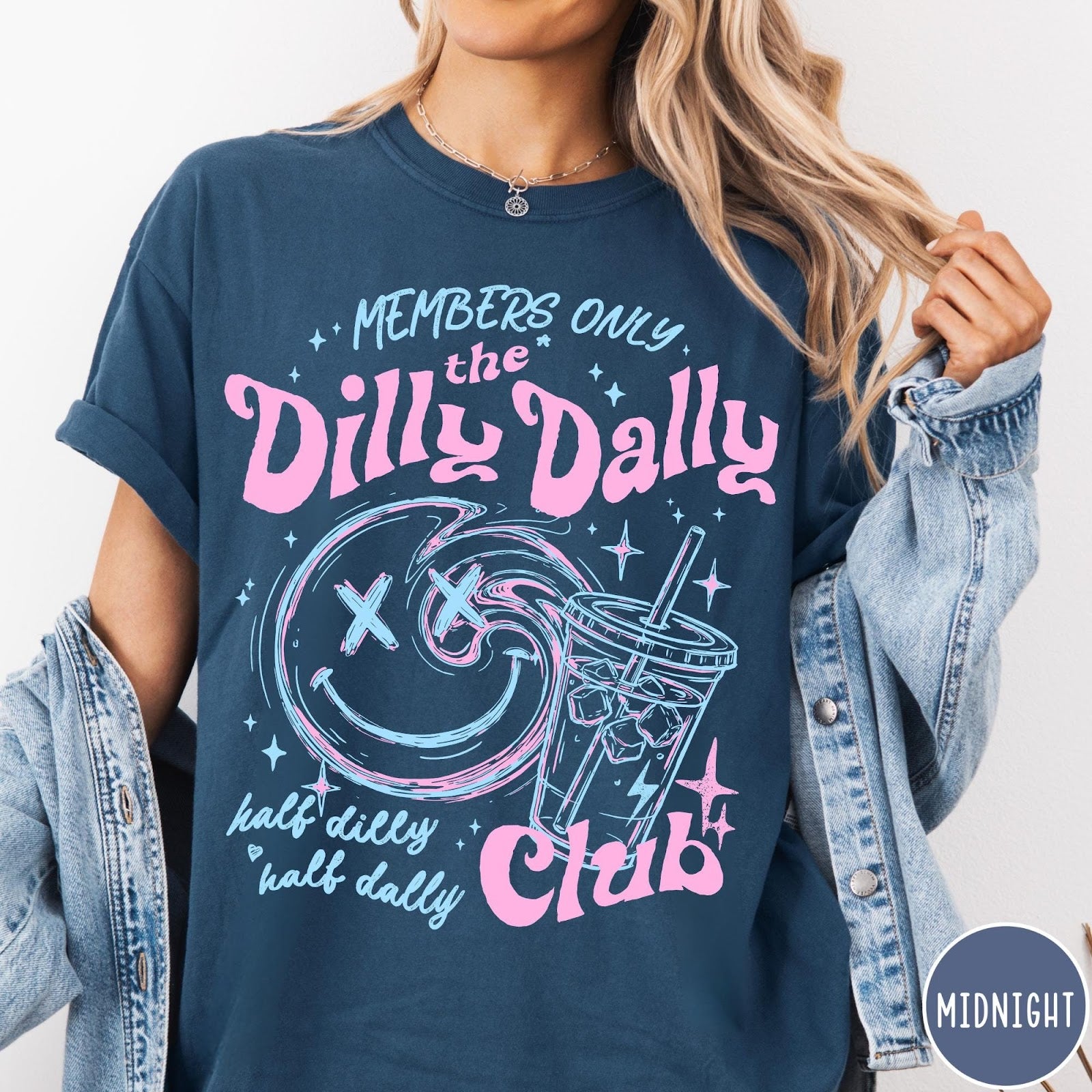 Comfort Colors tee in Midnight featuring retro style graphic with a smiley face and iced coffee cup