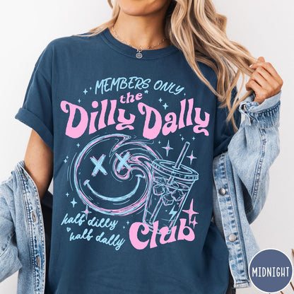 Comfort Colors tee in Midnight featuring retro style graphic with a smiley face and iced coffee cup
