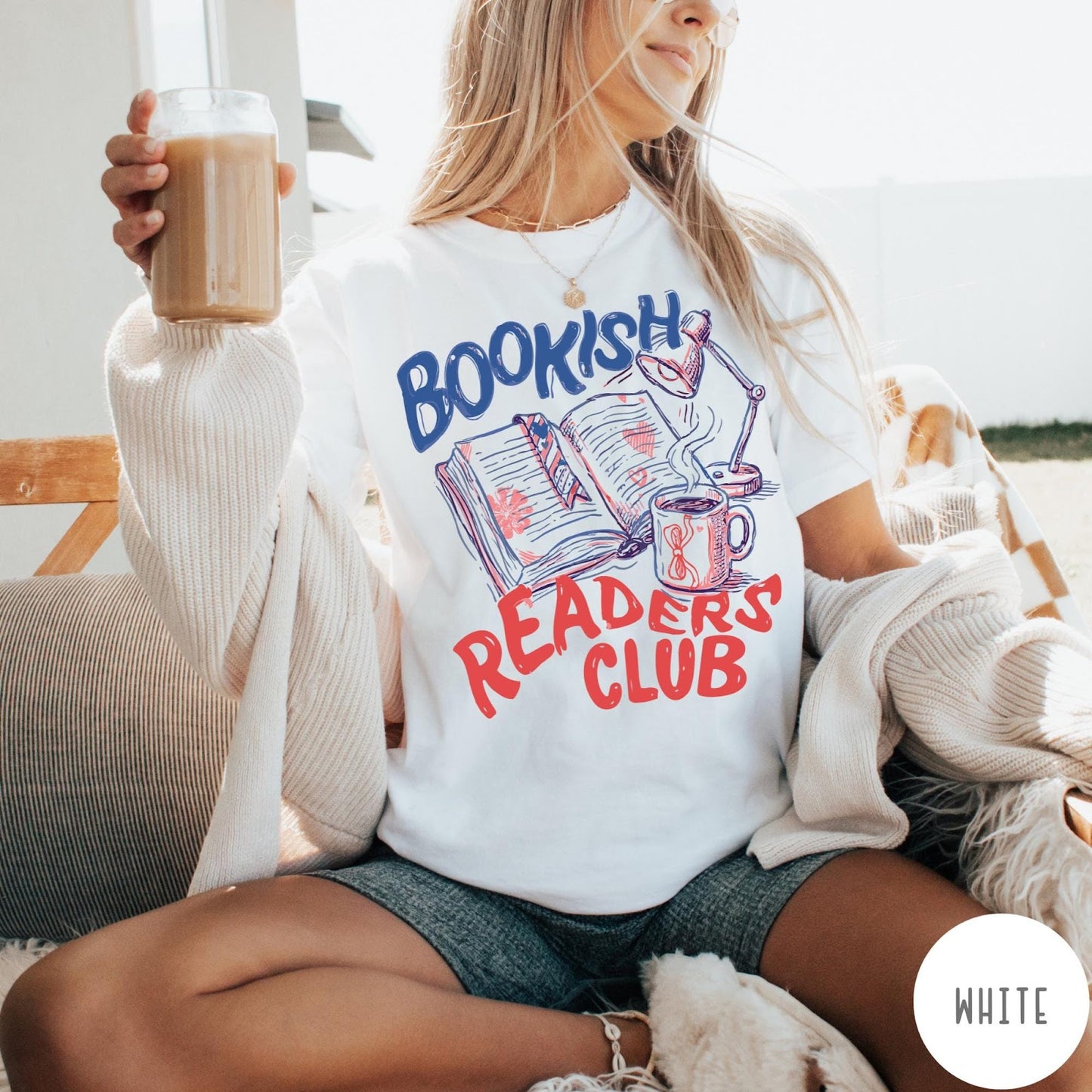 Comfort Colors tee in White featuring bookish reading graphic with open book, lamp, and coffee mug