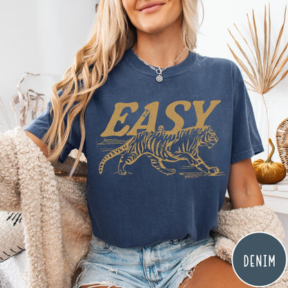 Comfort Colors tee in Denim featuring vintage style graphic of a tiger and the word Easy
