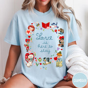 Comfort Colors tee in Chambray featuring vintage Valentine's collage with cute animals, flowers, and romantic text.