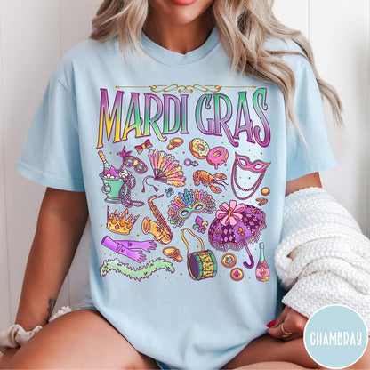 Comfort Colors tee in Chambray featuring vintage style Mardi Gras celebration icons including masks, beads, and saxophone