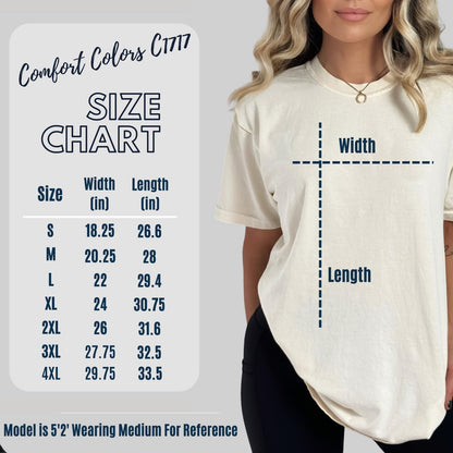 Comfort Colors 1717 tee size chart showing width and length measurements for sizes small through four extra large