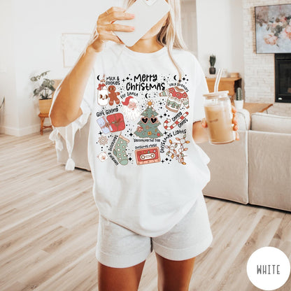 Comfort Colors tee in White featuring retro holiday graphic with Santa, Christmas tree, and festive icons