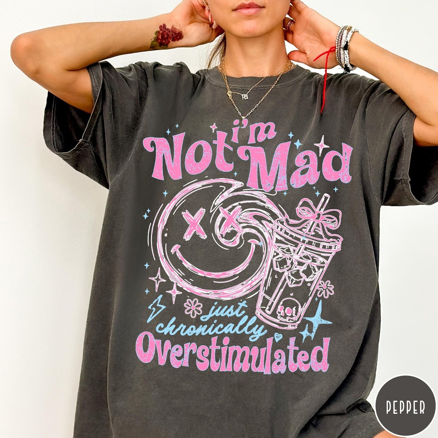 Comfort Colors tee in Pepper featuring retro style graphic with smiley face and iced coffee cup design