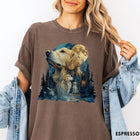 Comfort Colors tee in Espresso featuring artistic graphic design of a Golden Retriever in a moonlit forest scene