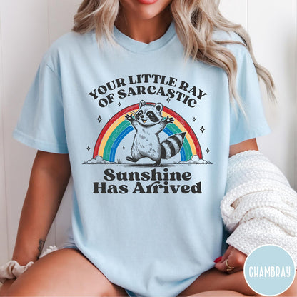 Comfort Colors tee in Chambray featuring vintage style graphic of a happy raccoon standing before a colorful rainbow