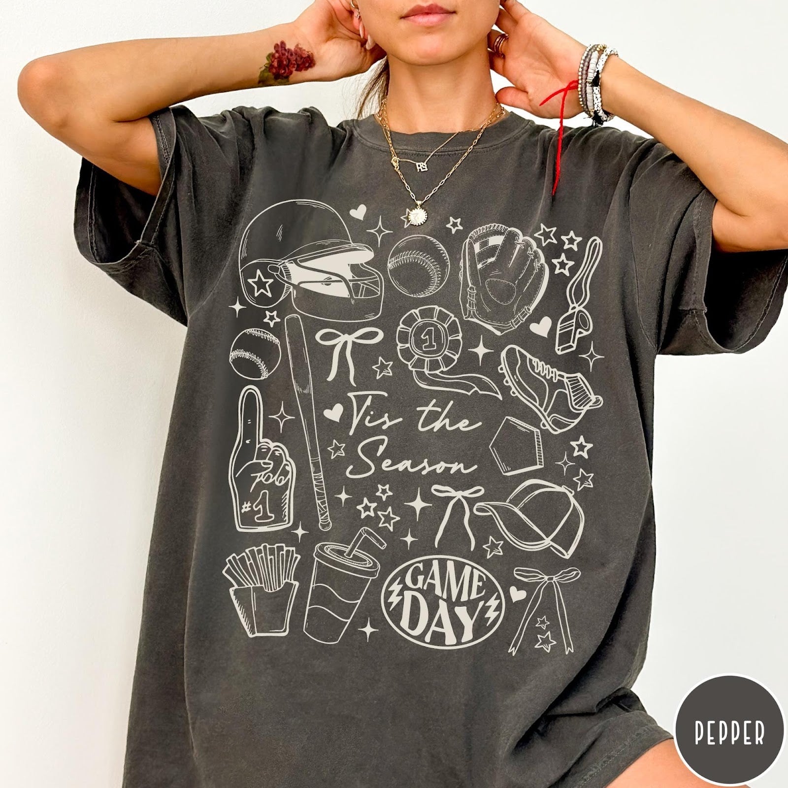 Comfort Colors tee in Pepper featuring baseball game day graphic with bat, helmet, and game day text