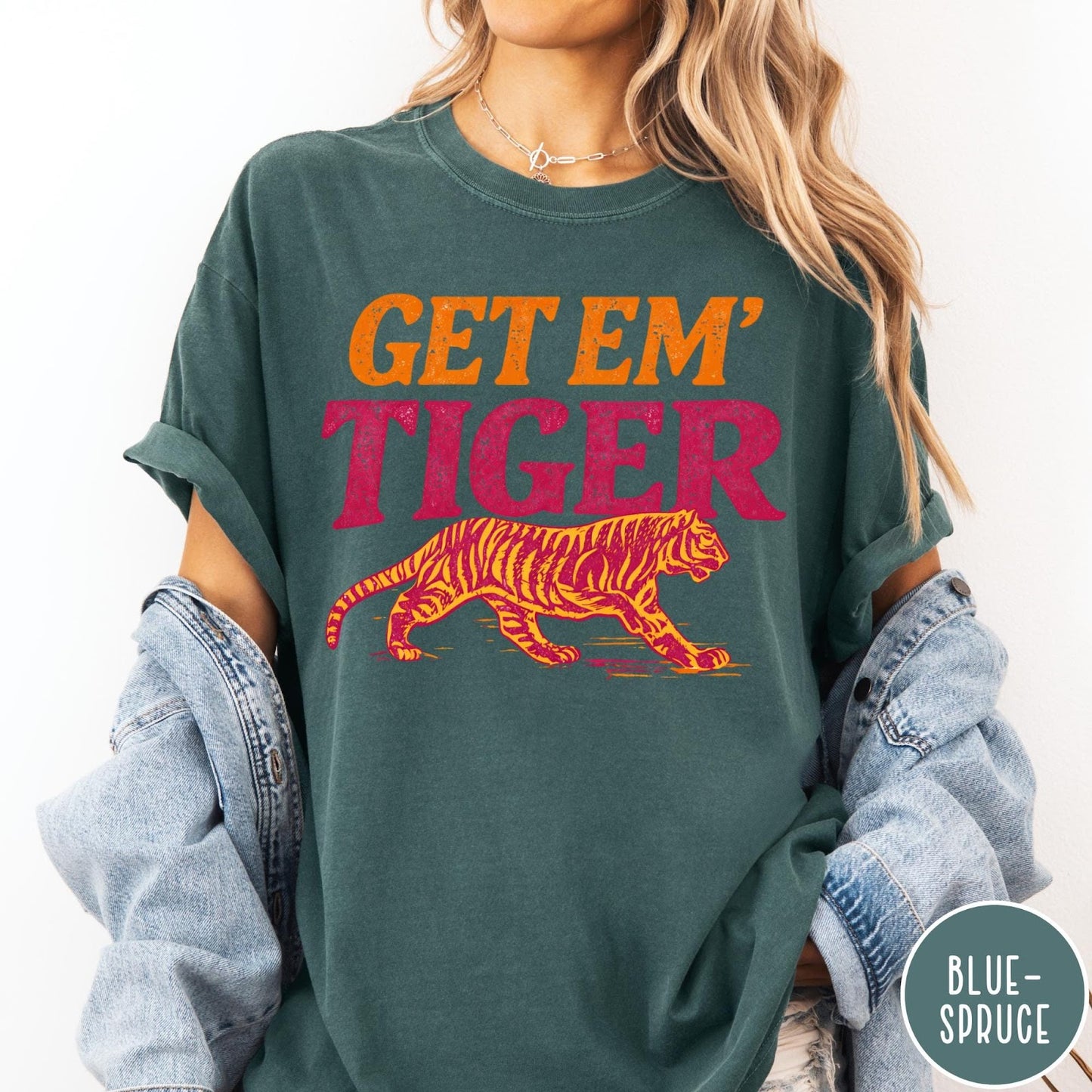 Comfort Colors tee in Blue Spruce featuring vintage style graphic with Get Em Tiger text and tiger illustration