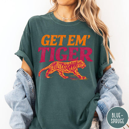 Comfort Colors tee in Blue Spruce featuring vintage style graphic with Get Em Tiger text and tiger illustration