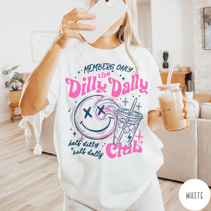 Comfort Colors tee in White featuring Dilly Dally Club graphic with smiley face and iced coffee cup
