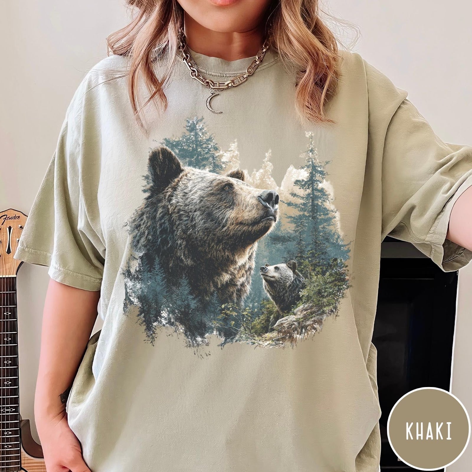 Comfort Colors tee in Khaki featuring vintage nature style graphic of two bears in a forest