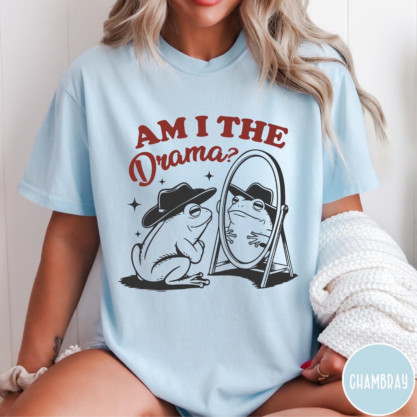 Comfort Colors tee in Chambray featuring whimsical frog graphic with a cowboy hat looking into a mirror