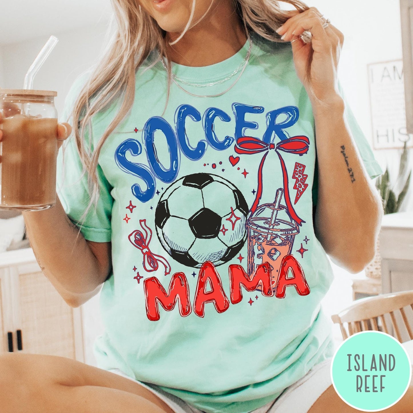 Comfort Colors tee in Island Reef featuring soccer design with a soccer ball and iced coffee graphic