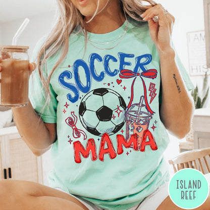 Comfort Colors tee in Island Reef featuring soccer design with a soccer ball and iced coffee graphic