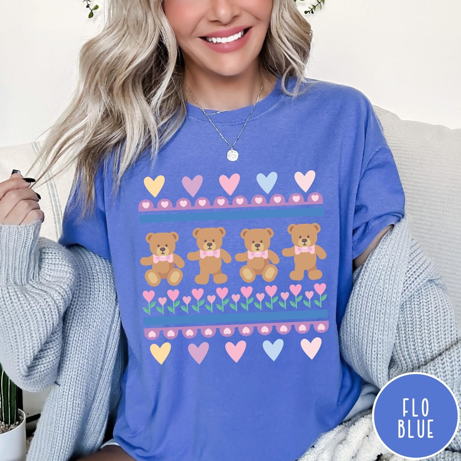 Comfort Colors tee in Flo Blue featuring vintage teddy bear pattern with hearts and pink bow tie bears