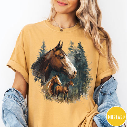 Comfort Colors tee in Mustard featuring vintage style graphic of three horses standing in a pine forest