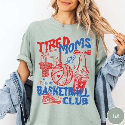 Comfort Colors tee in Bay featuring basketball mom life graphic with hoop, ball, and sneakers