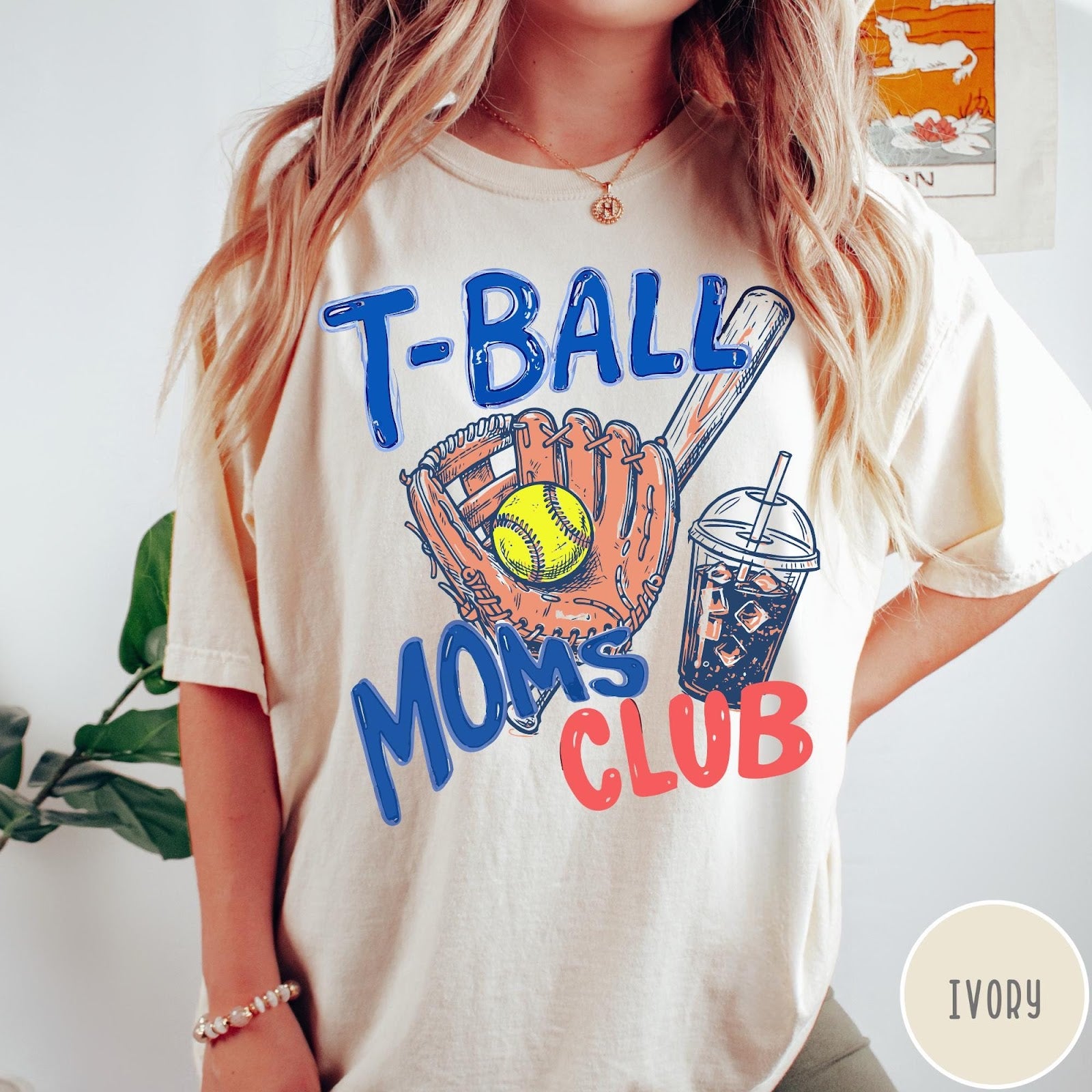 Comfort Colors tee in Ivory featuring screen printed T-Ball Moms Club graphic with baseball glove and drink