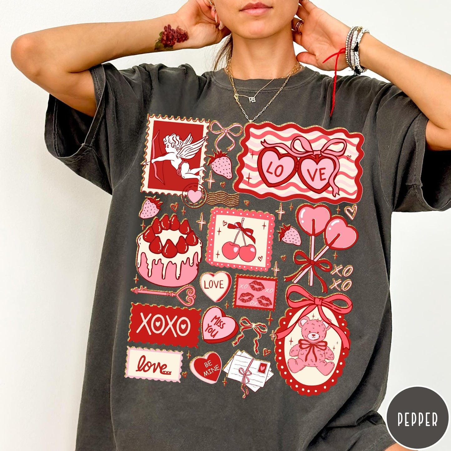 Comfort Colors tee in Pepper featuring vintage collage design with cupid, teddy bear, and Valentine's Day icons