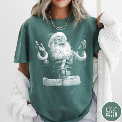 Comfort Colors tee in Light Green featuring vintage style graphic of a joyful Santa Claus with open arms