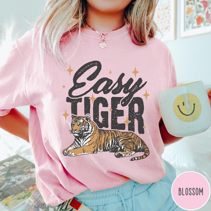 Comfort Colors tee in Blossom featuring vintage style graphic of a tiger with Easy Tiger text