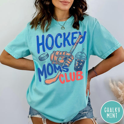 Comfort Colors tee in Chalky Mint featuring hockey mom lifestyle graphic with hockey glove, puck, and drink