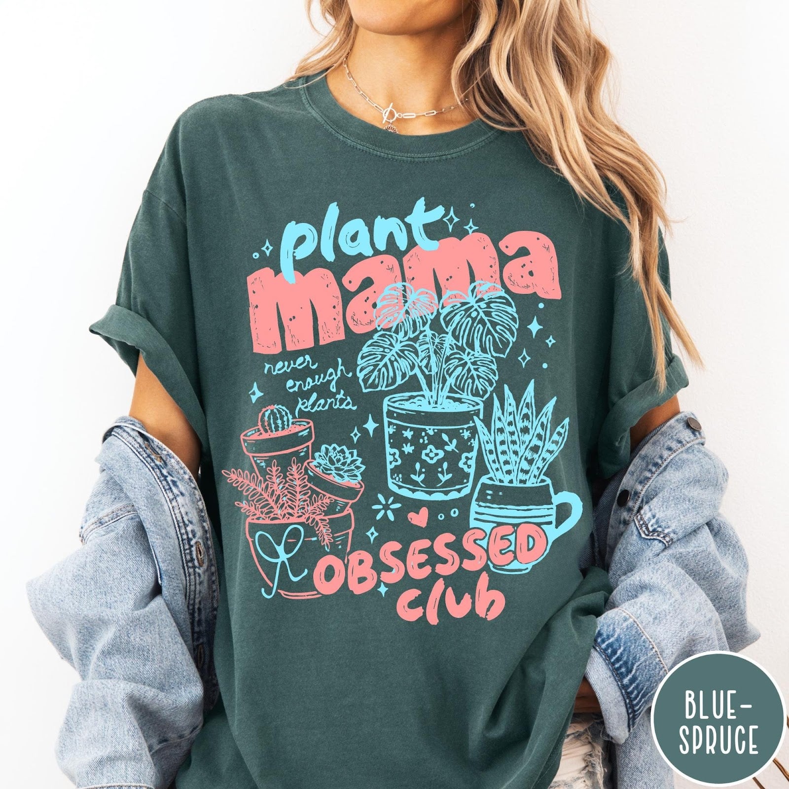 Comfort Colors tee in Blue Spruce featuring retro style graphic with potted plants and Plant Mama Obsessed Club text