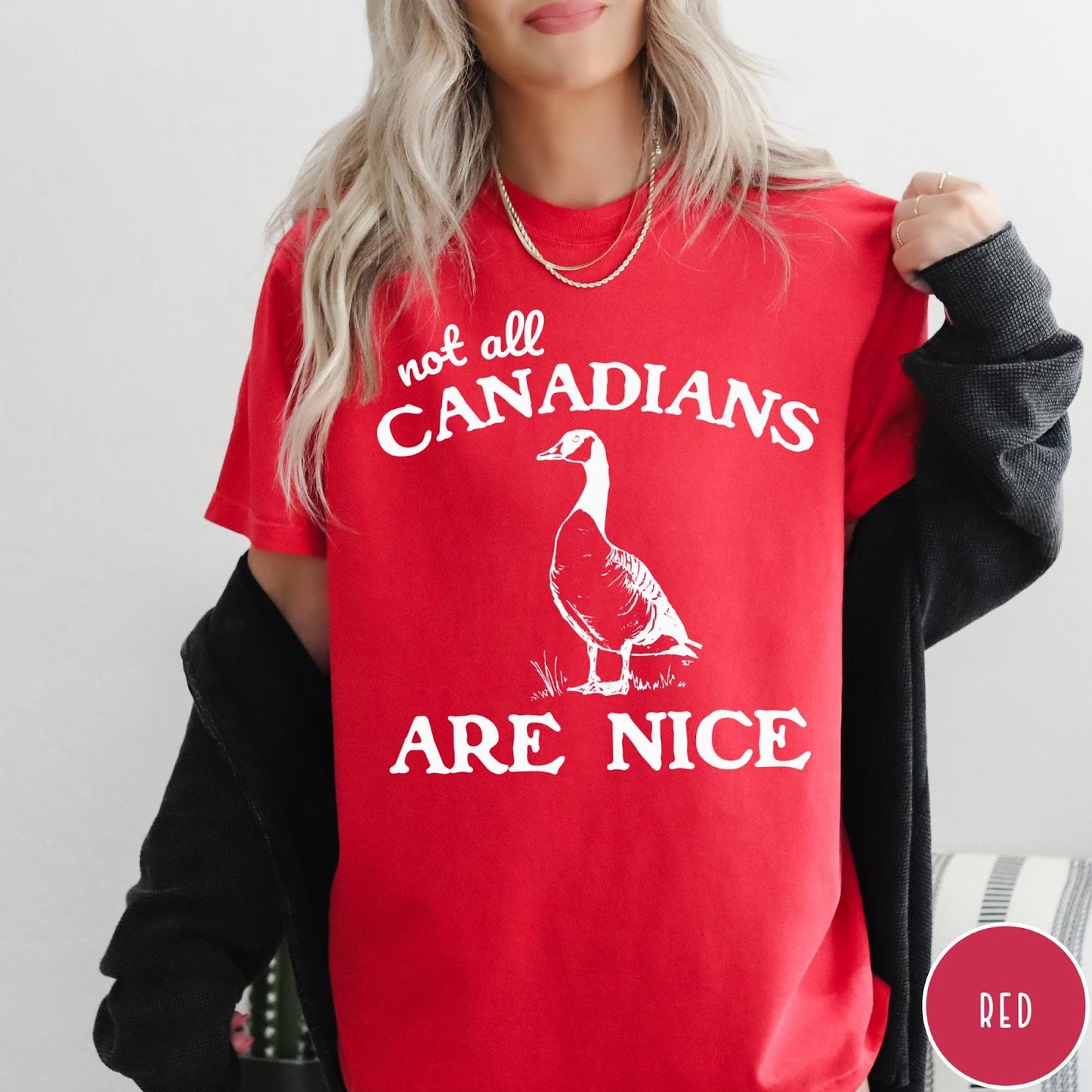 Comfort Colors tee in Red featuring casual graphic design of a Canada goose and humorous text