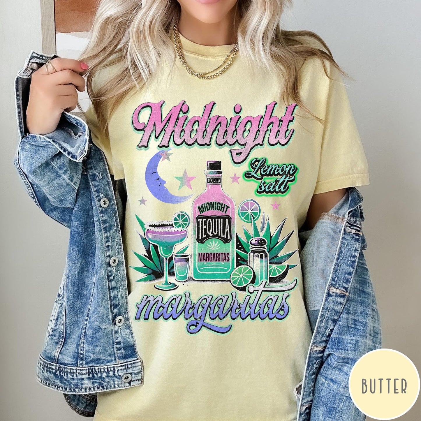 Comfort Colors tee in Butter featuring retro style graphic with tequila bottle, margarita glass, and moon.